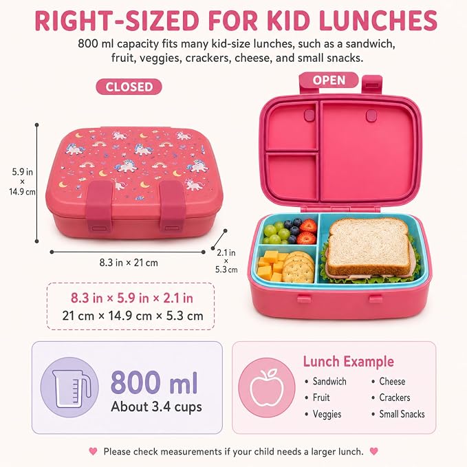 MISS BIG Bento Lunch Box for Kids, Pink Unicorn, 3 Compartments, 800ml | Kids lunch box for preschool, daycare, kindergarten, school meals, snacks, and everyday kid portions