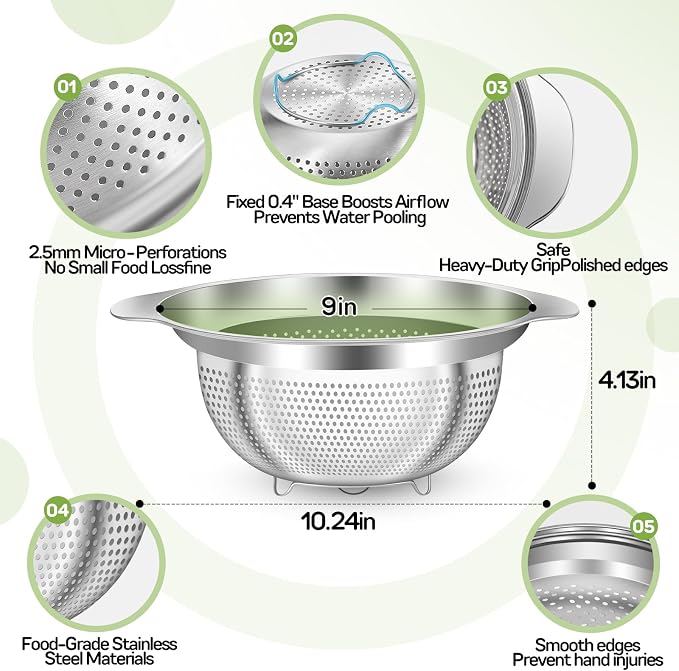 QCQHDU Stainless Steel Colander for Kitchen Pasta Rice Strainer for Spaghetti Fruit Vegetables Cooking Food, 3 Quarts Metal Mesh Stainless Steel Strainers and Colanders, Dishwasher Safe, 1 Pack