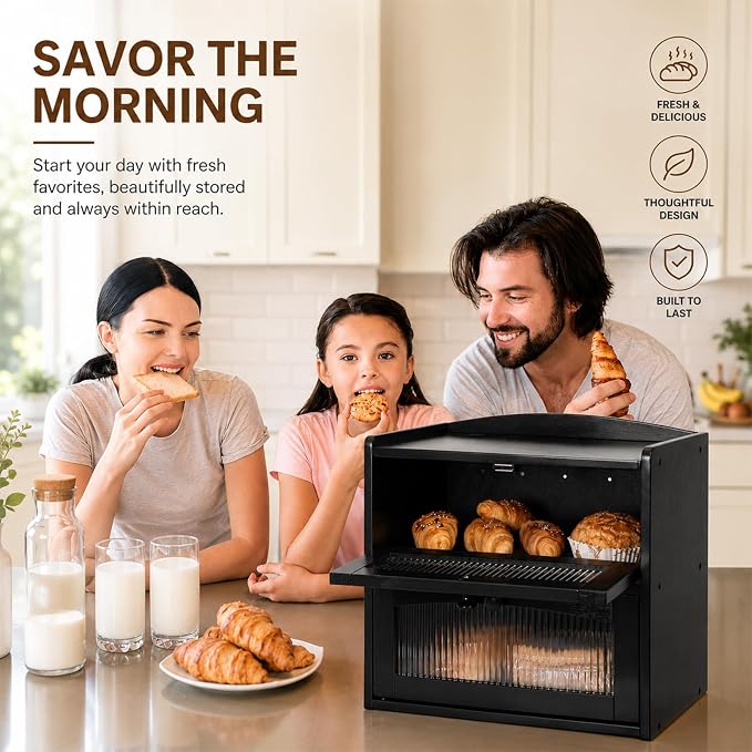 Large Wooden Bread Box for Kitchen Countertop, 2-Tier, Black | Clear Acrylic Window Spacious Bread Storage Farmhouse Style Pantry Organization For Homemade Bread and Bagels