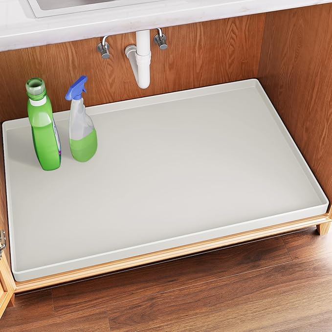 FLATO Waterproof Under Sink Mat, 31" x 22", White | Shelf Liner for Kitchen and Bathroom, Cabinet Protector, Organizers and Storage, Flexible Silicone Drip Tray