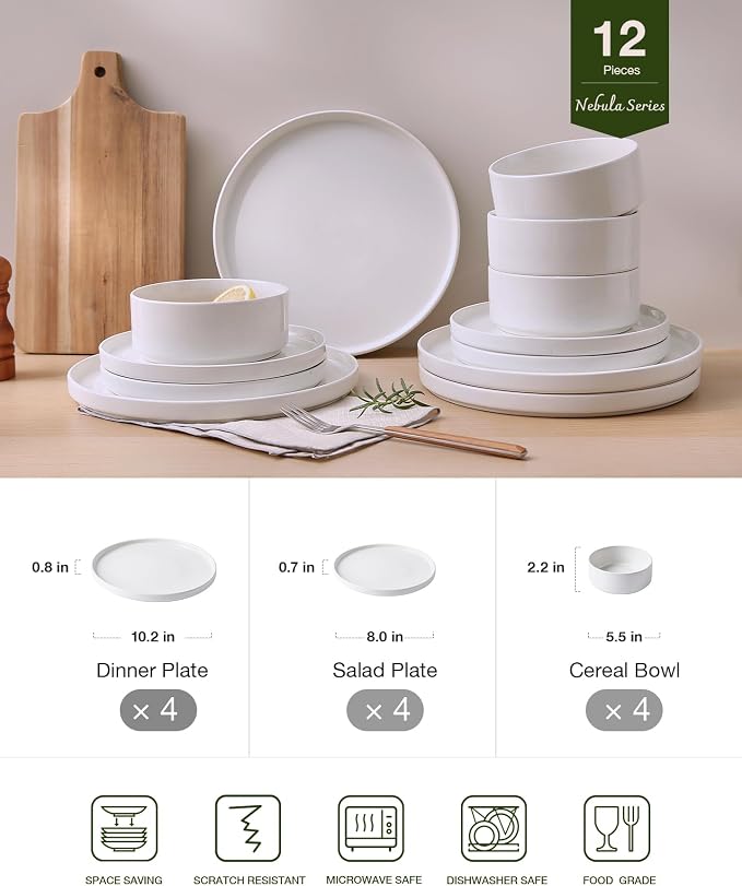 Famiware Nebula Plates and Bowls, 12-Piece Dinnerware Set, White | Stoneware Dish Set for 4, Dishwasher and Microwave Safe, Chip and Scratch Resistant