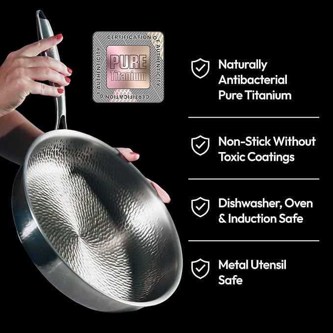 Plateful Titanium Pans For Cooking 12 Inch, No Coating Nonstick, with Lid | Pure uncoated titanium frying pan, surface sears to 750F, PFOA/PFAS/PTFE Free skillets, works on induction and all cooktops.
