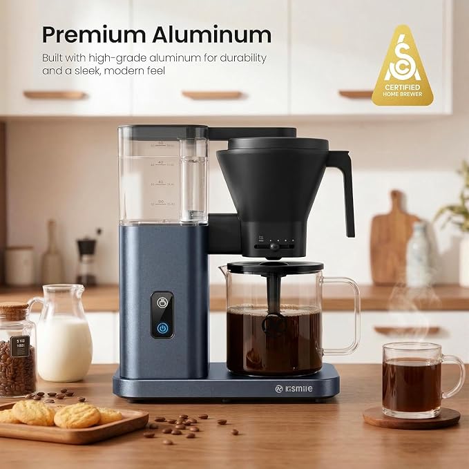Kismile SCA-Certified 8-Cup Drip Coffee Maker with Pour-Over Control | 3-Second Heating at 197–205°F, Adjustable Flow, Removable 1.25L Water Tank, 20-Min Cold Brew and 40-Min Keep Warm