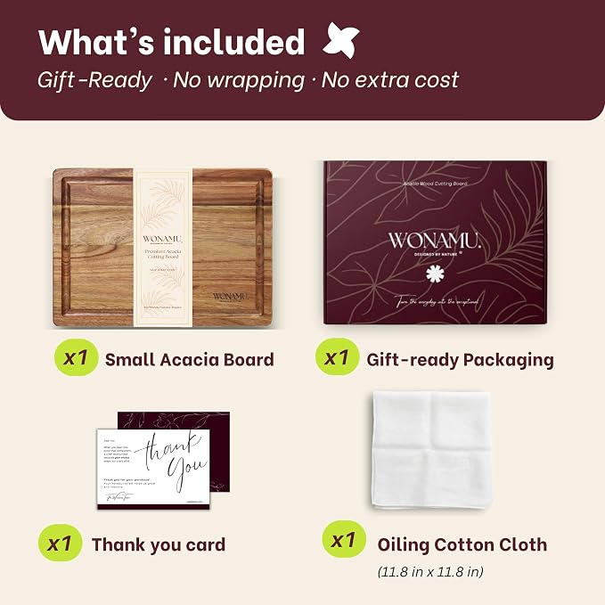 WONAMU Small Acacia Cutting Board Non Toxic, Wood Cutting Boards Gift Set | Acacia Wood Cutting Boards for Kitchen, Cotton Cloth & Gift Box Included, Housewarming Gifts New Home, Charcuterie Tray