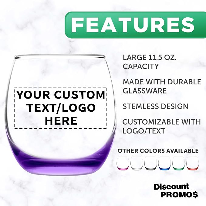 Custom Mikonos Stemless Wine Glasses 11.5 oz. Set of 10/50/100, Personalized Bulk Pack - Restaurant Glassware, Perfect for Red Wine, White Wine, Cocktails - Purple