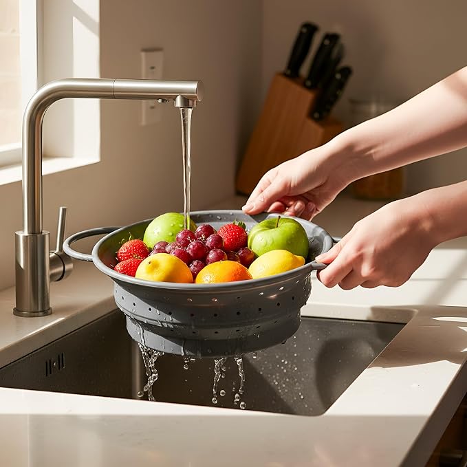 3 Pack Collapsible Colander with Strainer Bowl Set,Grey | 11 & 13 In Silicone Colanders for Kitchen, Heat-Resistant Strainer Dishwasher Safe Baskets for Vegetable Fruits
