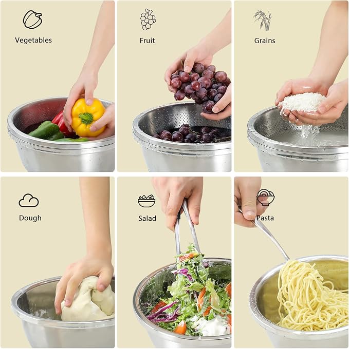 Paoli 304 Stainless Steel Fine Mesh Colander Set, 3.5QT Large Capacity Strainer with Mixing Bowl — Rinse Fruits, Veggies, Rice & Drain Pasta, Dishwasher Safe (2-Piece)