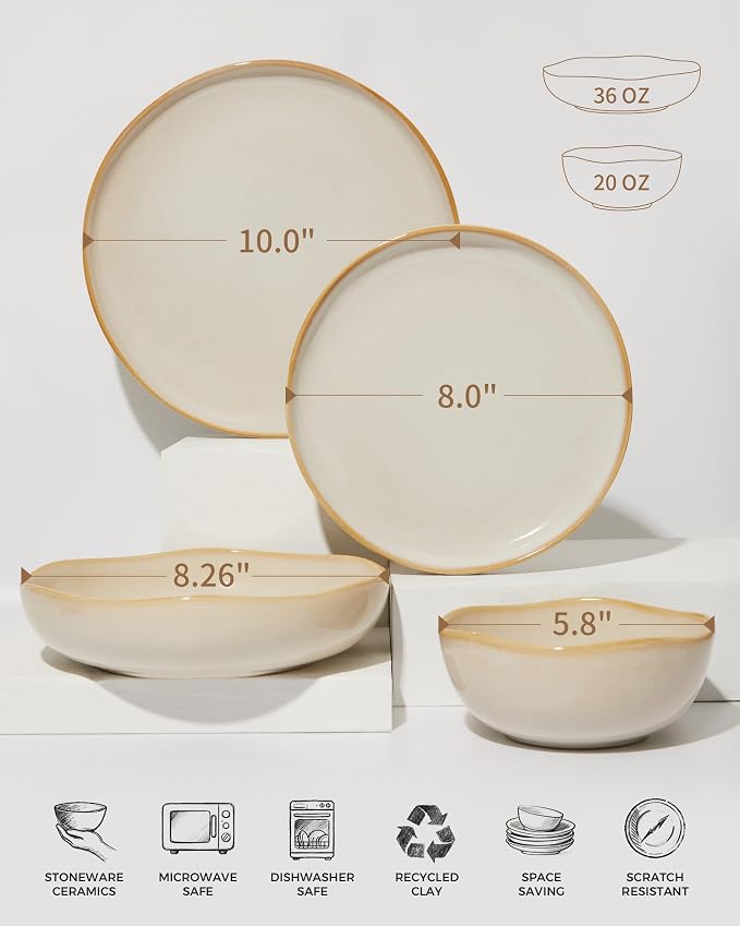 Plates and Bowls Sets, 16 Pieces Dinnerware Set for 4 with Pasta Bowls, Handmade Dishes Set, Chip Resistant Dishware Sets, Microwave Safe Dinner Set, Designed for Interactive Meal, Yellow White