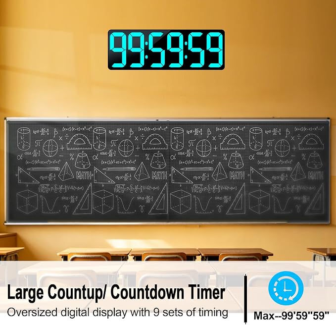 17.2" Bluetooth Digital Wall Clock with Seconds, Large Countdown Timer for Classroom Home Gym Kitchen Office, Alarm Clock with Remote Control, 4 Dimmable Brightness, Auto DST (Ice Blue)