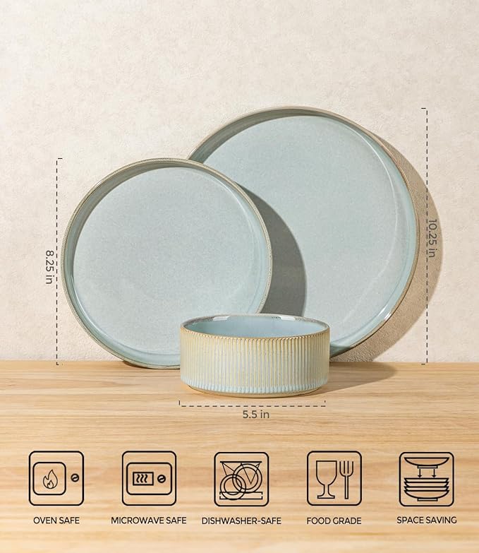 Ceramic Dinnerware Set for 8, 24-Piece Plates and Bowls Set | Lightweight Porcelain Dish Set, Scratch Resistant, Oven & Microwave & Dishwasher Safe, Illusion Blue