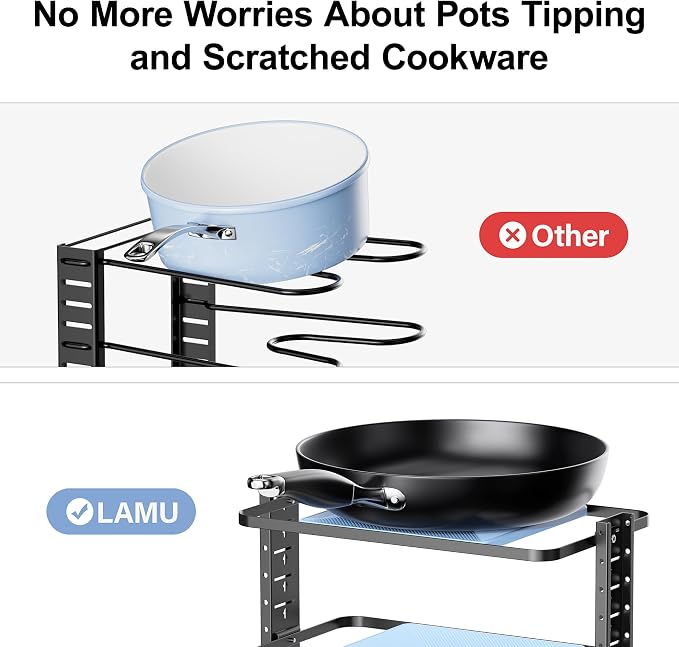 LAMU Pots and Pans Organizer for under Cabinet, 4-Tier Heavy Duty Pan Pot Organizers inside Cabinet, Adjustable Pot Rack Kitchen Cabinet Organization and Storage Holds up to 12" Cookware