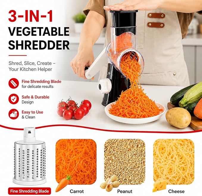 Rotary Cheese Grater with Hand Crank - Cheese Shredder with 3 Interchangeable Stainless Steel Blades, Suction Base & Ergonomic Handle | Vegetable Slicer, Food Grater for Cheese, Nuts & Chocolate