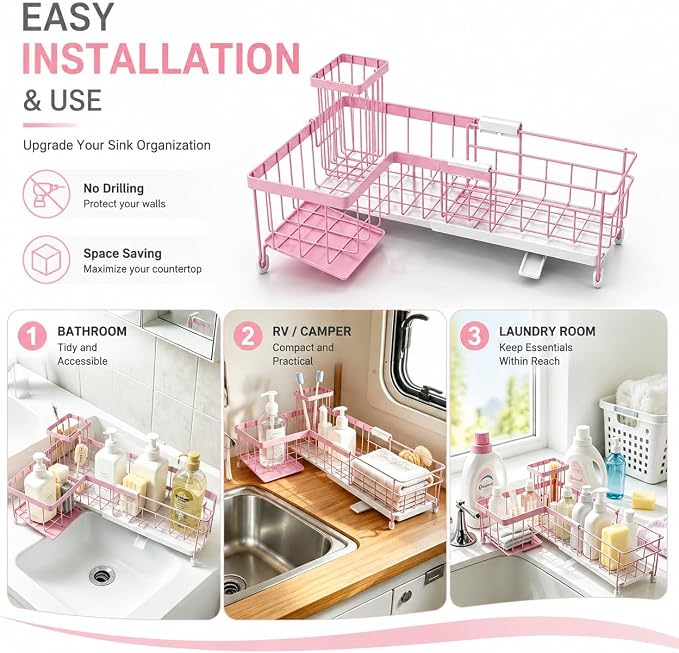 Extendable Corner Sink Sponge Holder, Quick-Drain Caddy For Kitchen Sink, Pink
