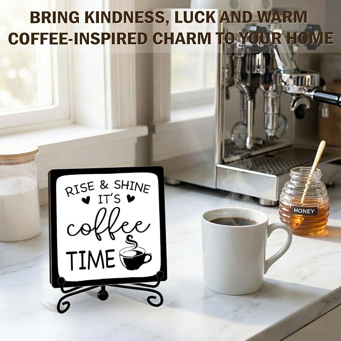 Minimalism Coffee Bar Decor, 5"x5" Coffee Bar Sign | Rise & Shine It's Coffee Time Wood Plaque with Stand | Rustic Gift for Home Kitchen Tabletop Desk - A06