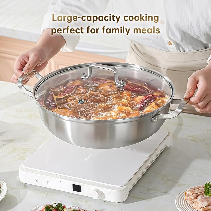Yeksum Tri-Ply Stainless Steel Saute Pan,Deep Frying Pan with lid,Compatible with All Cooktops Up to 650℉, Everyday Pan,Hot Pot,Kadhai,Induction Cooking Pot,Dishwasher and Oven Safe (4QT)