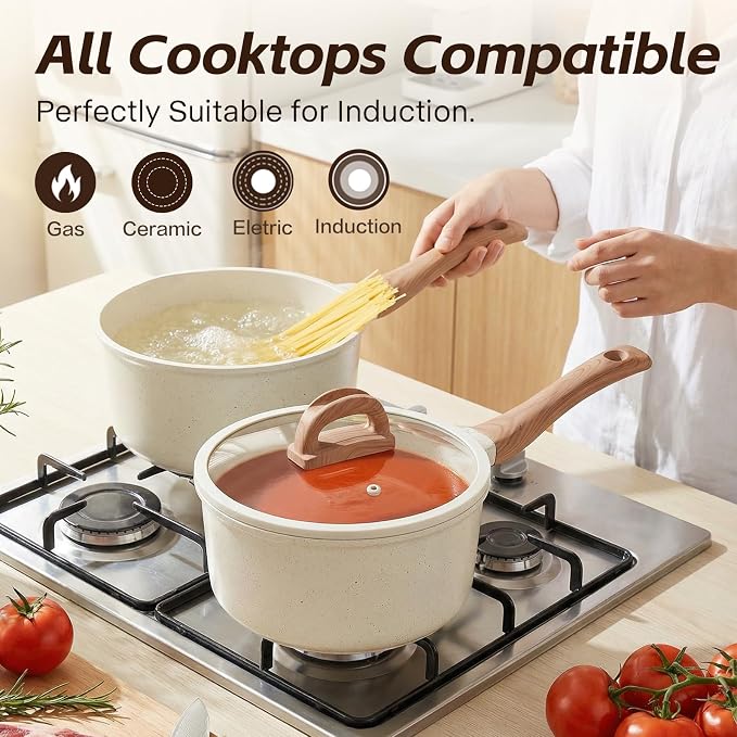 Ceramic Nonstick Saucepan with Lid, 2.0 QT Small Non Stick Stock Pot with Stay-cool Handle, Induction Compatible Cooking Pot White Granite Coating Easy to Clean Kitchen Cookware