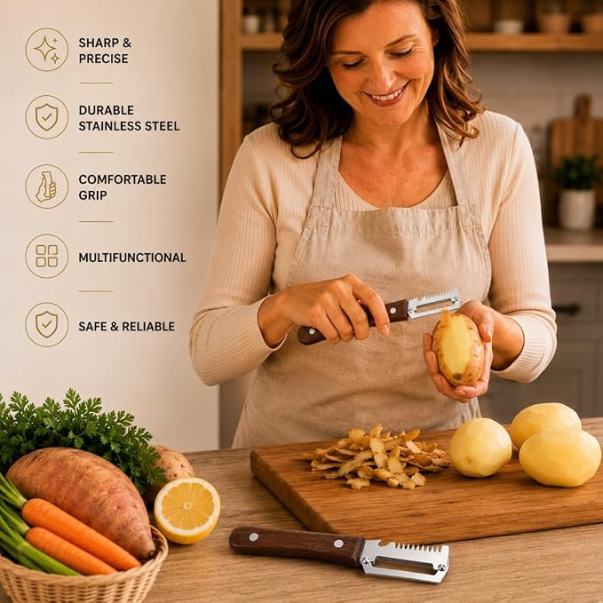 Vegetable Peeler Set of 2 with Julienne Cutter and Natural Wood Handle | 3-in-1 Vegetable & Potato Peeler, Ultra-Sharp Stainless Steel Blade, Bottle Opener for Added Convenience, Kitchen Gadgets