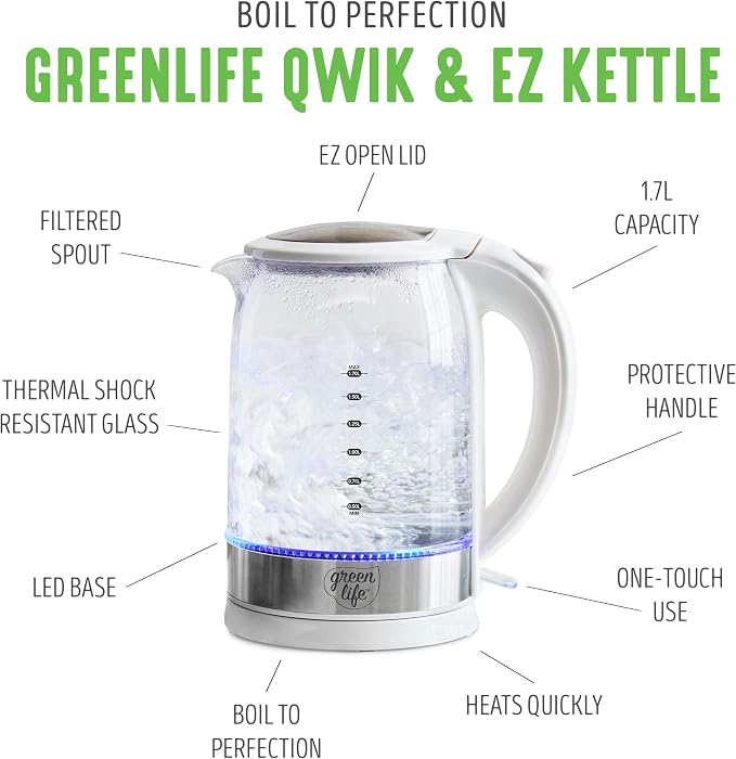 GreenLife 1.7 Liter Electric Glass Kettle, White | Glass Body, Auto Shutoff, Thermal Shock Resistant, Quick Heating, Easy One Touch Use, Cordless Serving, LED Base, Coffee/ Tea