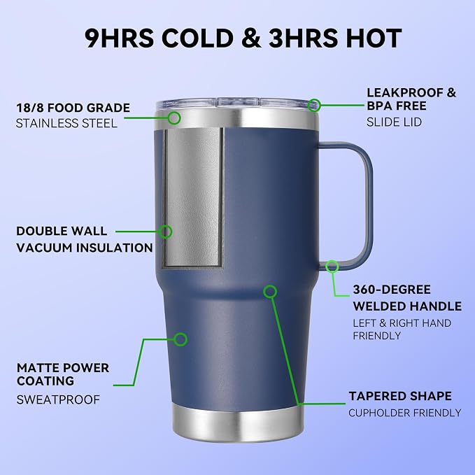 20 oz Stainless Steel Tumbler with Handle Bulk Metal Insulated Tumblers Travel Coffee Mug with Handle Double Wall Tumbler Cup with Lid and Straw, Navy 6 Pack