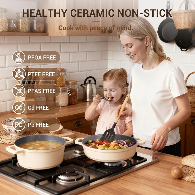 8-Piece Non Stick Stock Pot with Lid, Ceramic Cooking Pot Set, 4.5 Qt All-in-One Non Toxic Soup Pot for All Stoves, Easy to Clean & Dishwasher Safe, Oven Safe, Induction Ready, PFOA PFAS Free