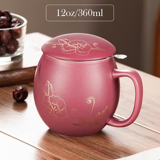 Yundu 12 OZ Ceramic Mug with Lid & Tea Strainer - Matte Purple Tea Cup with Golden Flower, Stainless Steel Infuser for Loose Leaf Tea