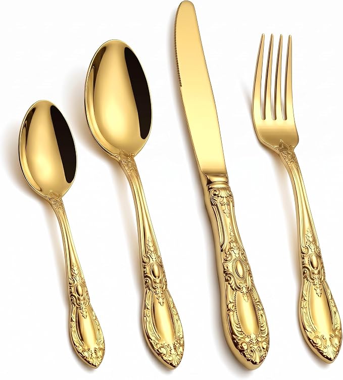 OSVSEE Vintage Silverware Set, 18/10 Stainless Steel Flatware Set for 4 | Heavy Duty Flatware with Royal Palace Handles, Mirror Polished Cutlery, Dishwasher Safe Silverware for Weddings & Gift Giving
