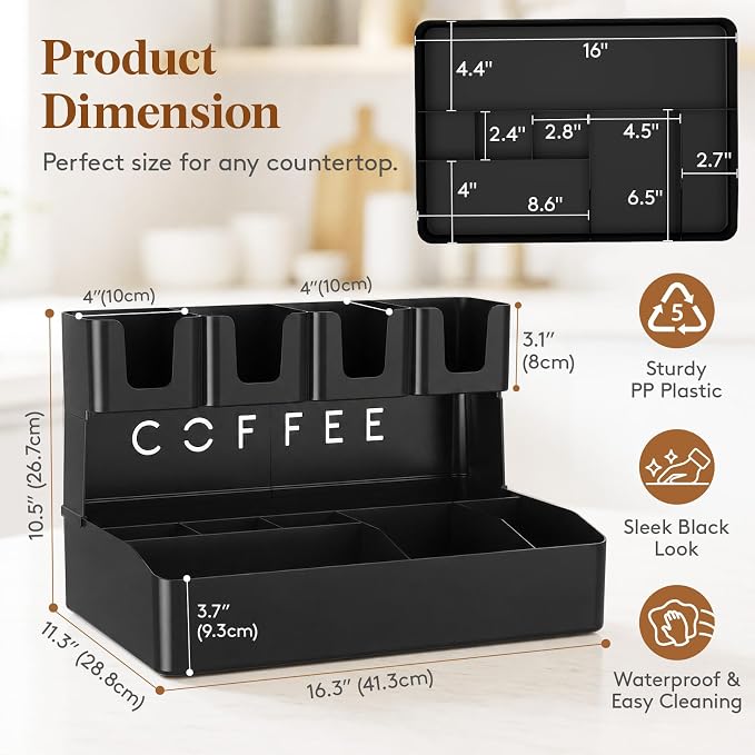 Lifewit 2-tier Coffee Station Organizer, 11 Compartments, Black, Plastic | Countertop Coffee Bar Organizers for Cups, Pods, Sugar, Condiment Holders Storage for Office Breakroom Kitchen Home