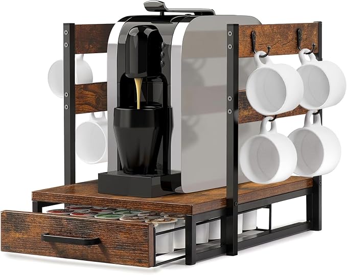 Evermagin K Cup Holder, Coffee Pod Holder Compatible with Keurig | K cup organizer for 35 Pods, Coffee Station Organizer for Countertop with 8 Mug Hooks, Easy Assembly, Rustic Brown