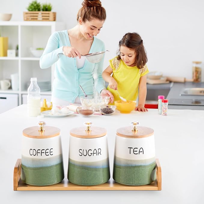 Kimdio Ceramic Canisters Set with Airtight Lids, 22 oz Coffee Canisters Sets for the Kitchen, Large Jars for Flour, Sugar, Pasta, Coffee, Cookies, Tea - Set of 3 - Green and White