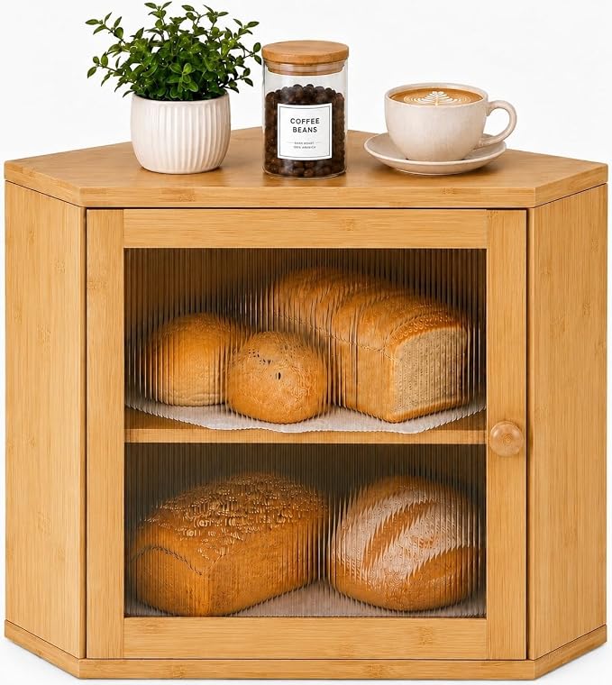 BAMBANG Corner Bread Box for Kitchen Countertop, Large Capacity Bamboo Wood Bread Storage Container, 2 Tier Farmhouse Breadbox with Fluted Acrylic Door for Bread, Homemade Bread and Snacks, Natural