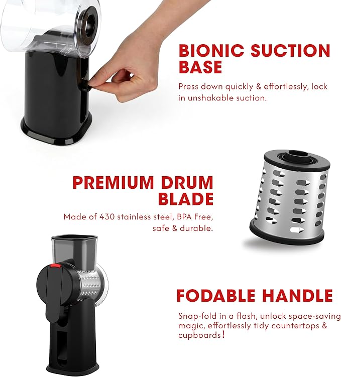 Rotary Cheese Grater Hand Crank with Foldable Handle, Three Blades | Perfect Graters for Kitchen, Fresh Cheese, Vegetables, Nuts, Shredder Hand Crank with Suction Base, Rotary Grader