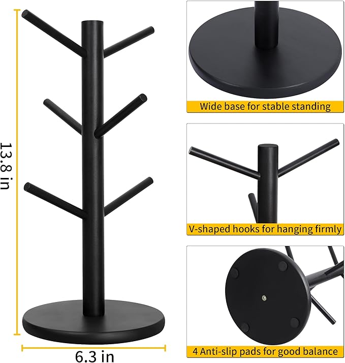 MyLifeUNIT Mug Holder Tree, Coffee Cup Holder with 6 Hooks (Black) | Anti-slip padded bottom, space-saving compact design, easy air drying, sturdy tip-resistant structure