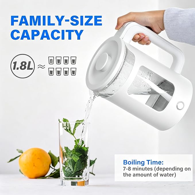 1.8L Glass Electric Kettle for Tea and Coffee, White | 1000W Rapid Boil Hot Water Kettle, Auto Shut-Off, 360°Swivel Base, Easy Cleaning, BPA Free