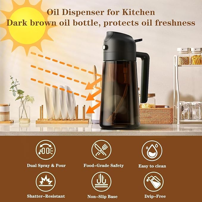 Olive Oil Sprayer & Dispenser for Cooking, 16oz Dark Glass Oil Mister, 2PC | 2-in-1 Oil Sprayer & Pourer, Fine mist, Light-Blocking, Wide Mouth for Easy Refill & Clean, 8 Oil Labels, Reusable