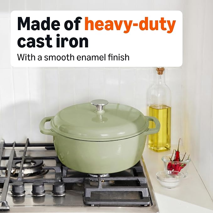 Amazon Basics Cast Iron Dutch Oven Pot with Lid, Enameled, Dual Handles, Round, Heavy-Duty, Small, 4.3-Quart, Olive