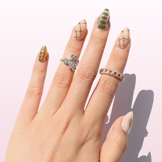 Nail Reformation Press On Nails, Treasure Lines | Short Almond Fake Nails | Jade Green with Jewel Gold Accents in Glossy Finish, Reusable Stick On Nails in 16 Sizes - 32 Nail Kit for Women Gifts