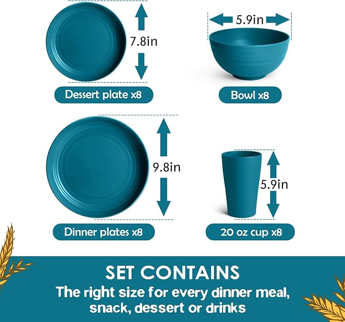 Teivio 32-Piece Plates and Bowls Sets for 8, Wheat Straw Dinnerware Sets | 13.5oz Cups, Plastic Unbreakable Dish Set, Dishwasher, for Outdoor Camping RV Kitchen Dinning Dorm Essentials, Dark Teal