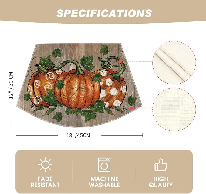Artoid Mode Pumpkins Vine Fall Wedge Placemats Set of 4-12 x 18 Inch | Heat-Resistant, Washable Table Mats, Seasonal Autumn Polka Dot Kitchen Dining Decor