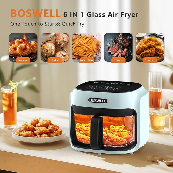 BOSWELL 7.5 QT Large Glass Air Fryer, 6-1 Preset Cook Modes | Transparent Fry Bowl, Green, Circulating Heating & Temperature Control, Steak, Fries, Bake,Chicken, Dishwasher Safe