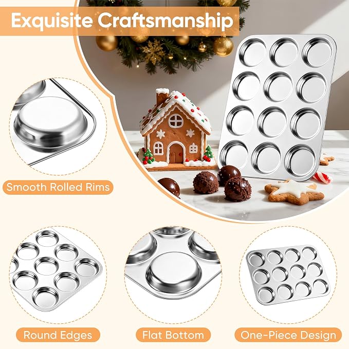 TeamFar Muffin Top Pan, 12 Cavity Stainless Steel Shallow Cupcake Pan | Muffin Tin for Baking Yorkshire Pudding, Whoopie Pie, Egg Bite, Hamburger Bun, Non Toxic & Dishwasher Safe