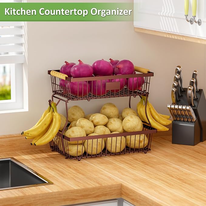 2 Tier Fruit Basket for Kitchen Counter with 2 Banana Hangers, Countertop Metal Bread Basket with Wooden Handle, Large Storage Stand for Vegetables, Snacks, Eggs, Produce Storage – Brown