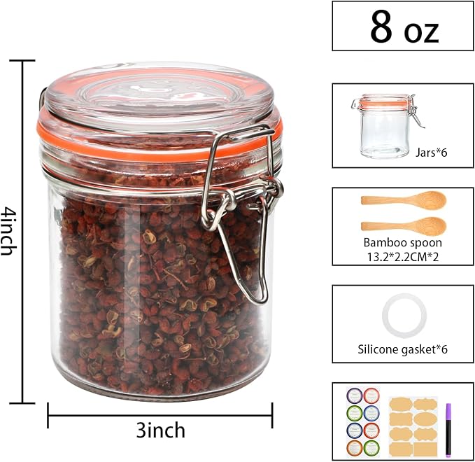 8 oz Glass Jars with Lids, 6 Pack Small Glass Jars with Airtight Lid | Overnight Oats Containers with Lids, Glass Spice Jars with Airtight Lids for Kitchen Canning, Honey, Nuts, Snacks, Jelly
