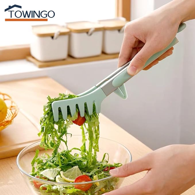 9" Kitchen Tongs for cooking with Silicone Tips, 3Pcs Serving Tongs, Green | Small Silicone Tongs mit kickstand, Food Grade, 3 different type of tongs, Stainless Steel
