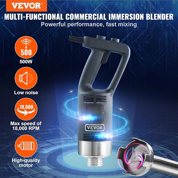 VEVOR 500W 12 Inch Heavy Duty Hand Mixer, Variable Speed Stick Mixer with 304 Stainless Steel Blade, Multi-Purpose Portable Mixer for Soup, Smoothie, Puree, Baby Food