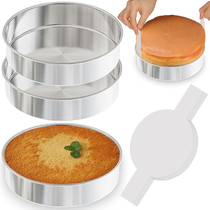 8 Inch Cake Pan, 3PCS Stainless Steel Baking Pans with 100 Parchment Paper | Nonstick Round Cake Pans for Layer Cakes, Cake Tins for Birthday Christmas, Healthy & Non-Toxic, Easy Clean & Dishwasher Safe