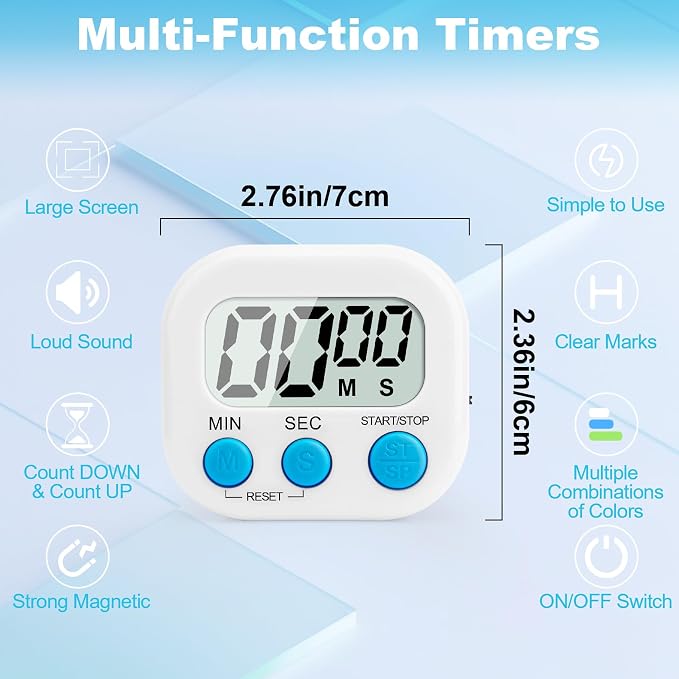 6 Pack Digital Kitchen Timer Multi-Function Magnetic Timers Classroom Timer for Kids Loud Alarm Big LCD Display Electronic Timers for Cooking, Classroom, Exercise, Study, Meeting(Blue, Green, White)
