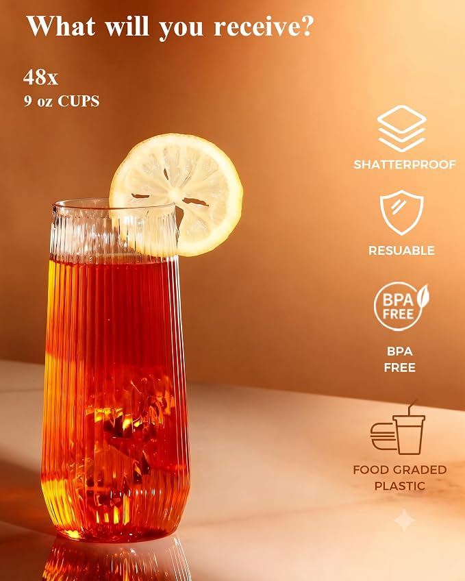 BESTSTAR 96 Pack Clear Plastic Ribbed Origami Ripple Plastic Glasses Set | 48 9OZ Stemless Champagne Flutes & 48 12OZ Cups, BPA-Free Shatterproof Clear Drinkware for Weddings, Parties & Events