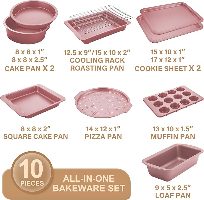 Bakeware Sets, Baking Pans Set, Nonstick Oven Pan for Kitchen with Wider Grips, 10-Piece Including Rack, Cookie Sheet, Cake Pans, Loaf Pan, Muffin Pan, Pizza Pan - Pink