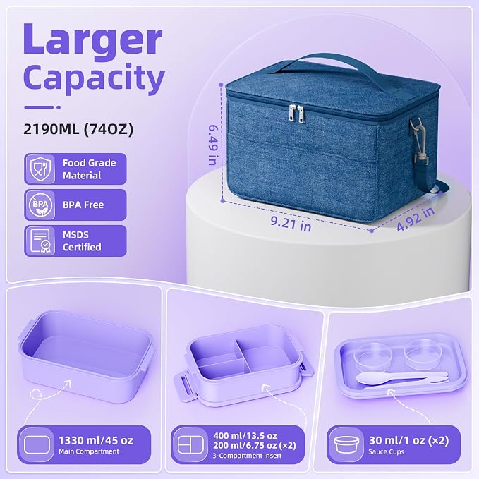 Adults Lunchbox Bento Box with Lunch Bag for Women-74 OZ All-in-One Stackable Lunch Box for Adults Kids Leakproof Bento Large Lunch Box Containers with Fork Spoon Sauce Box for Work School (Purple)