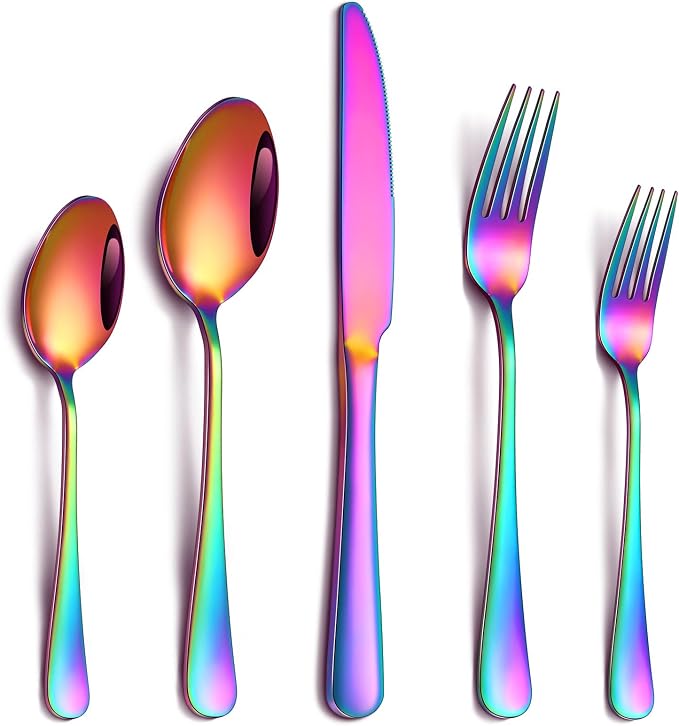 PHILIPALA 20 Piece Rainbow Silverware Set, Stainless Steel Flatware Set for 4 Colorful Novelty Flatware Cutlery Utensil Set Include Knife Fork Spoon Food Grade Mirror Polished Dishwasher Safe